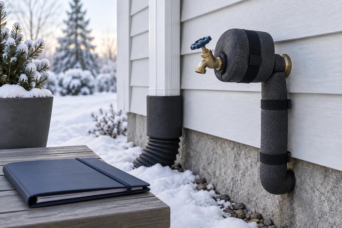 Insulation around exposed exterior plumbing in a winter setting.