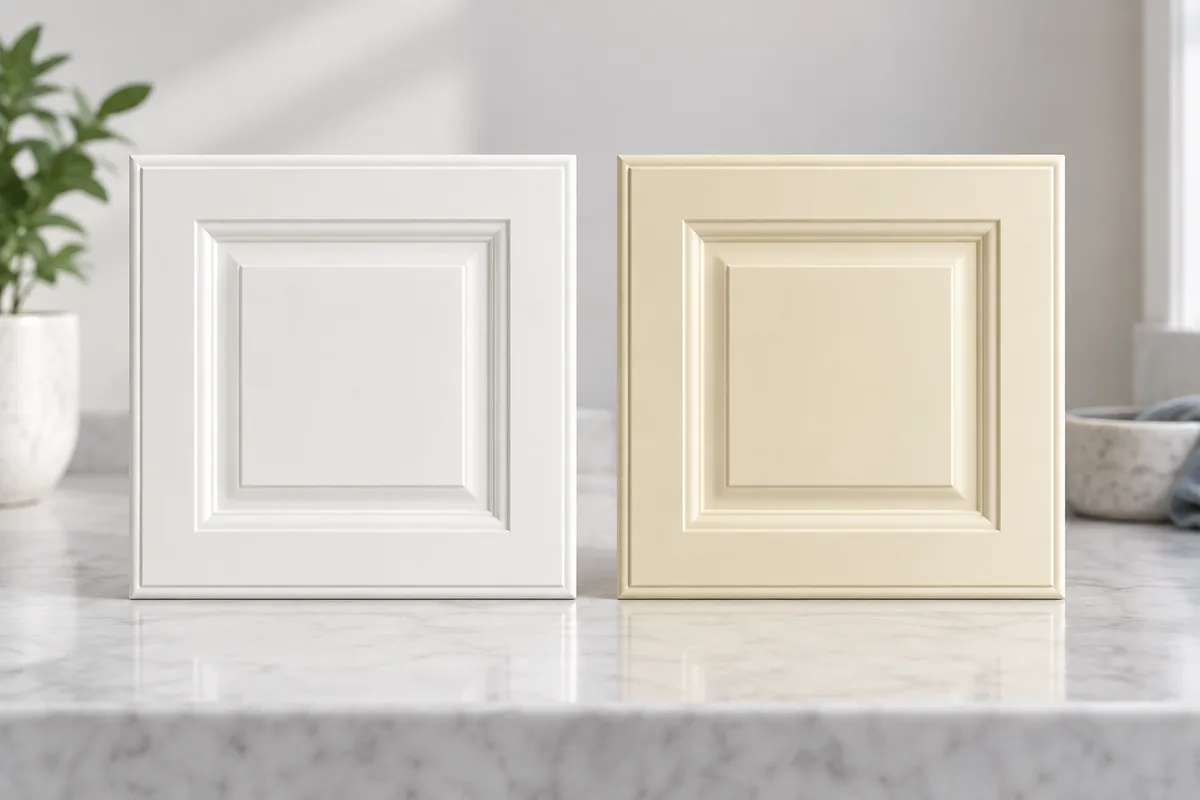 Matching finish samples comparing a pale surface with a yellowed surface.