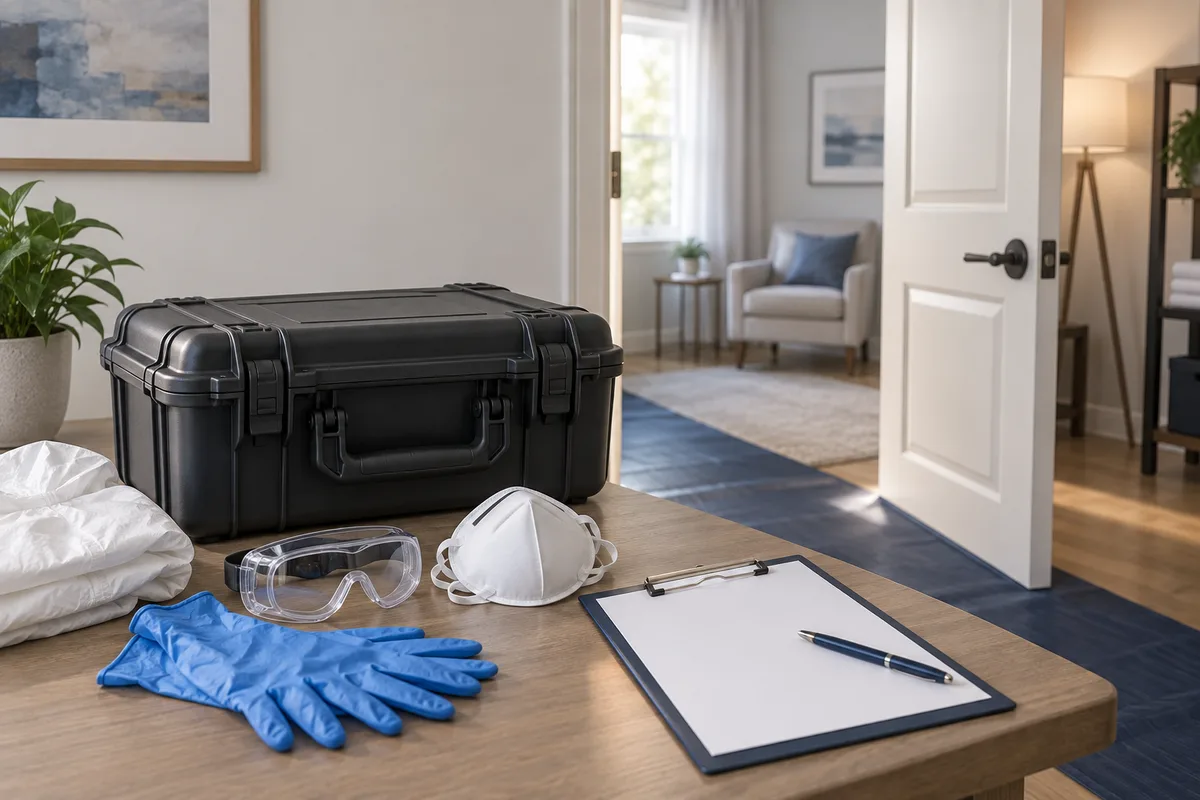 Cleanup equipment, protective gear and an assessment clipboard for planning trauma and crime scene cleanup.