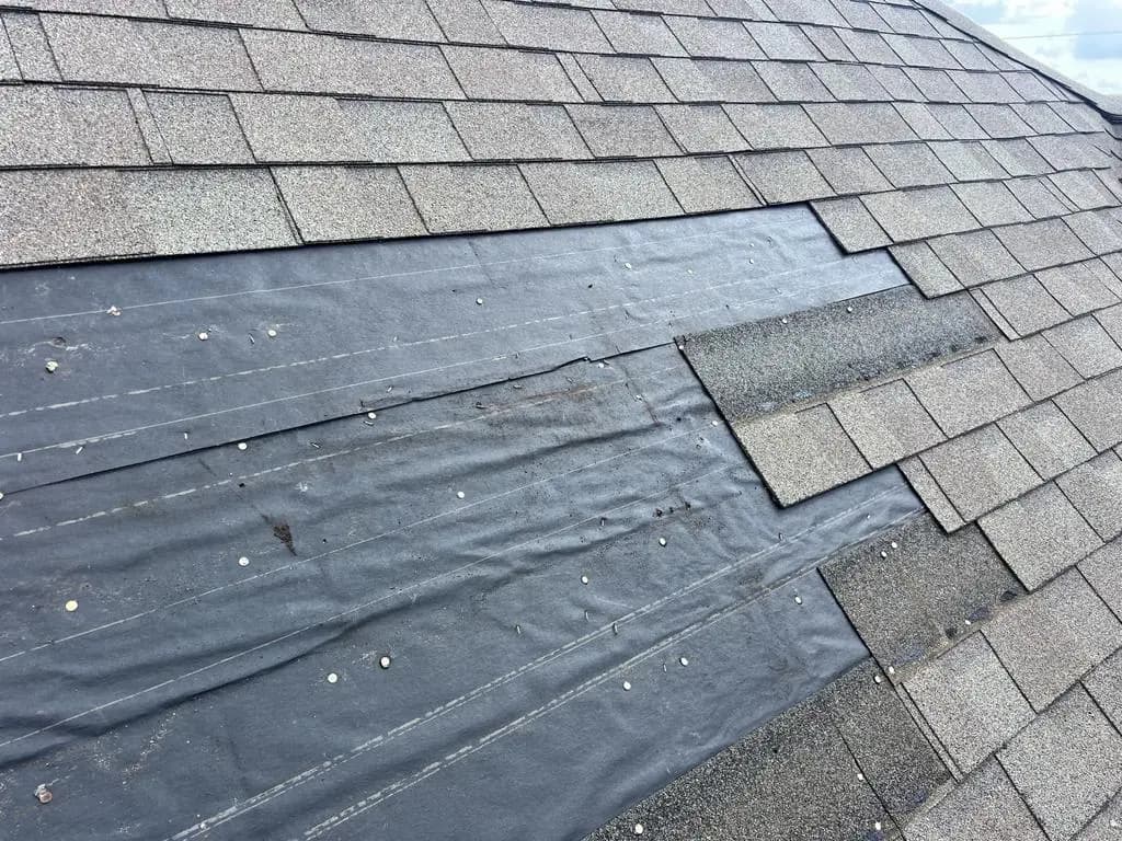 Roof with a section of missing shingles